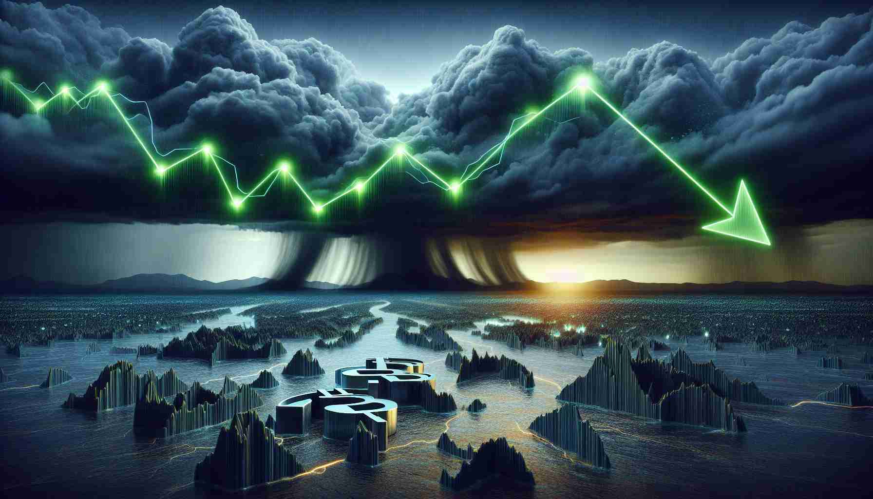 Realistic high-definition image of an abstract representation of the flux and potential price retreat of Bitcoin. The image indicators point to a downturn, embodied by a gloomy weather backdrop with a storm brewing off in the distance. However, the persistence of the bull market is still depicted through glowing green arrows piercing through the storm, symbolizing hope and resilience.