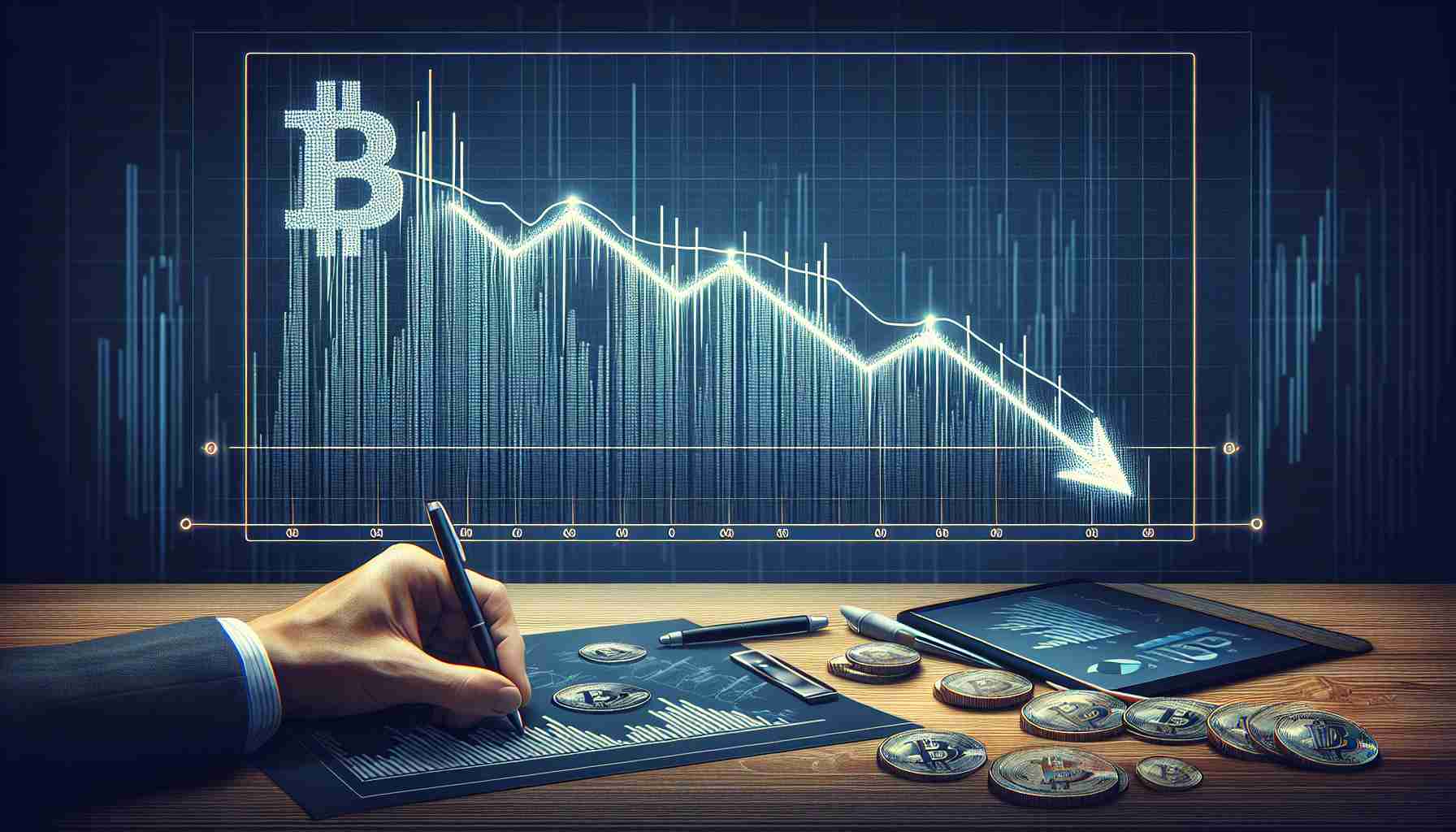 Create a detailed and realistic high definition image of a graph depiction suggesting a prolonged downward stretch trajectory for the cryptocurrency bitcoin. The image should showcase the downward trend over time in a visual and easily comprehensible format.