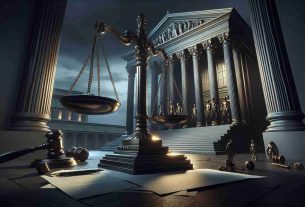 Highly detailed, realistic image of a symbolic representation of the recent curbing of regulatory agencies' powers. In the foreground, depict a powerful scale of justice, it's pans tilting in an imbalanced fashion. Behind, feature an imposing edifice representing a court, its pillars strong but the doors partly closing. Scatter a few official documents, embodying significant policies, on the ground. The setting should be a somber evening, casting long, dramatic shadows. The overall color palette should be dark and brooding, reflecting the serious nature of the subject. Ensure accuracy and lifelike details for an HD effect.