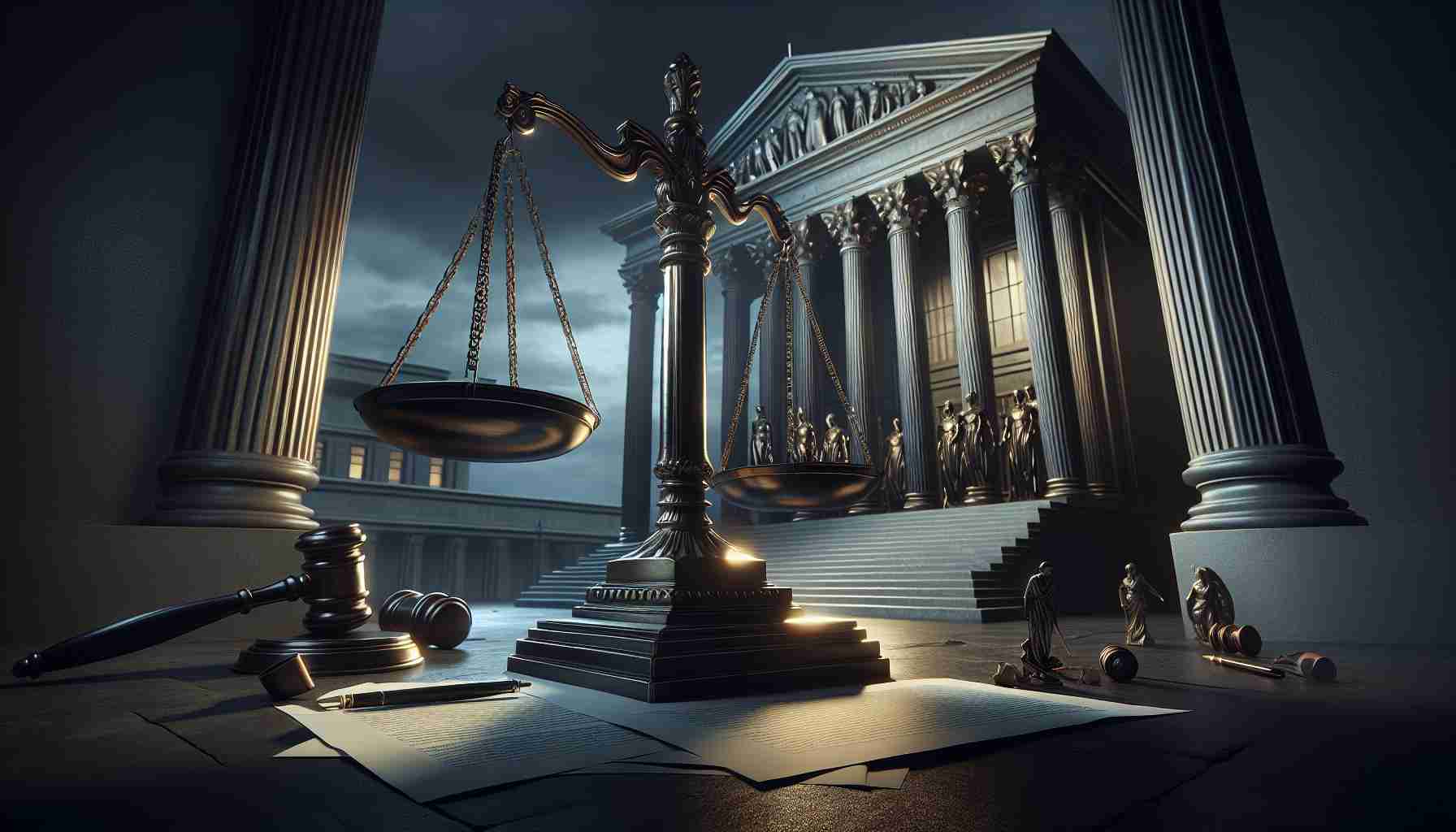 Highly detailed, realistic image of a symbolic representation of the recent curbing of regulatory agencies' powers. In the foreground, depict a powerful scale of justice, it's pans tilting in an imbalanced fashion. Behind, feature an imposing edifice representing a court, its pillars strong but the doors partly closing. Scatter a few official documents, embodying significant policies, on the ground. The setting should be a somber evening, casting long, dramatic shadows. The overall color palette should be dark and brooding, reflecting the serious nature of the subject. Ensure accuracy and lifelike details for an HD effect.