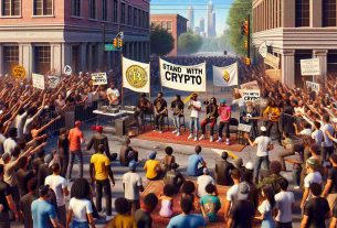 A high definition, realistic scene depicting Atlanta's vibrant hip-hop culture. Within the scene, there is a rally named 'Stand with Crypto' where artists and fans alike are embracing the concept of Cryptocurrency. The scene is filled with people from different descents including Caucasian, Black, Hispanic, South Asian, and Middle Eastern. The crowd conveys a mixed range of emotions, some are excited, inspired, while others are curious. A few are seen discussing digital currencies, some are holding banners promoting Cryptocurrency, and others are enjoying the hip-hop music.