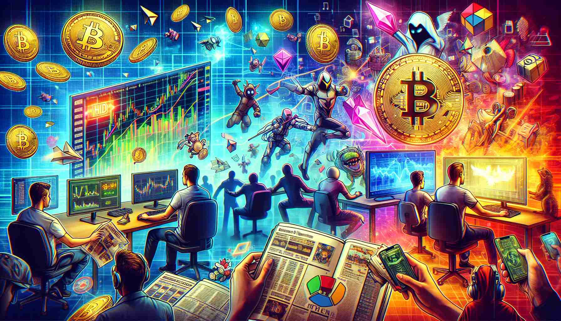 Create an HD photo that portrays the thriving scene of cryptocurrency-based gaming. The image should feature elements like screens flashing with charts of digital currencies, gamers deeply engrossed in playing, virtual game items or characters being traded as NFTs. Add elements suggesting a particular week filled with several important developments - perhaps a calendar showing a week marked by vibrant highlights, newspapers or website headlines projecting significant news, and so on.