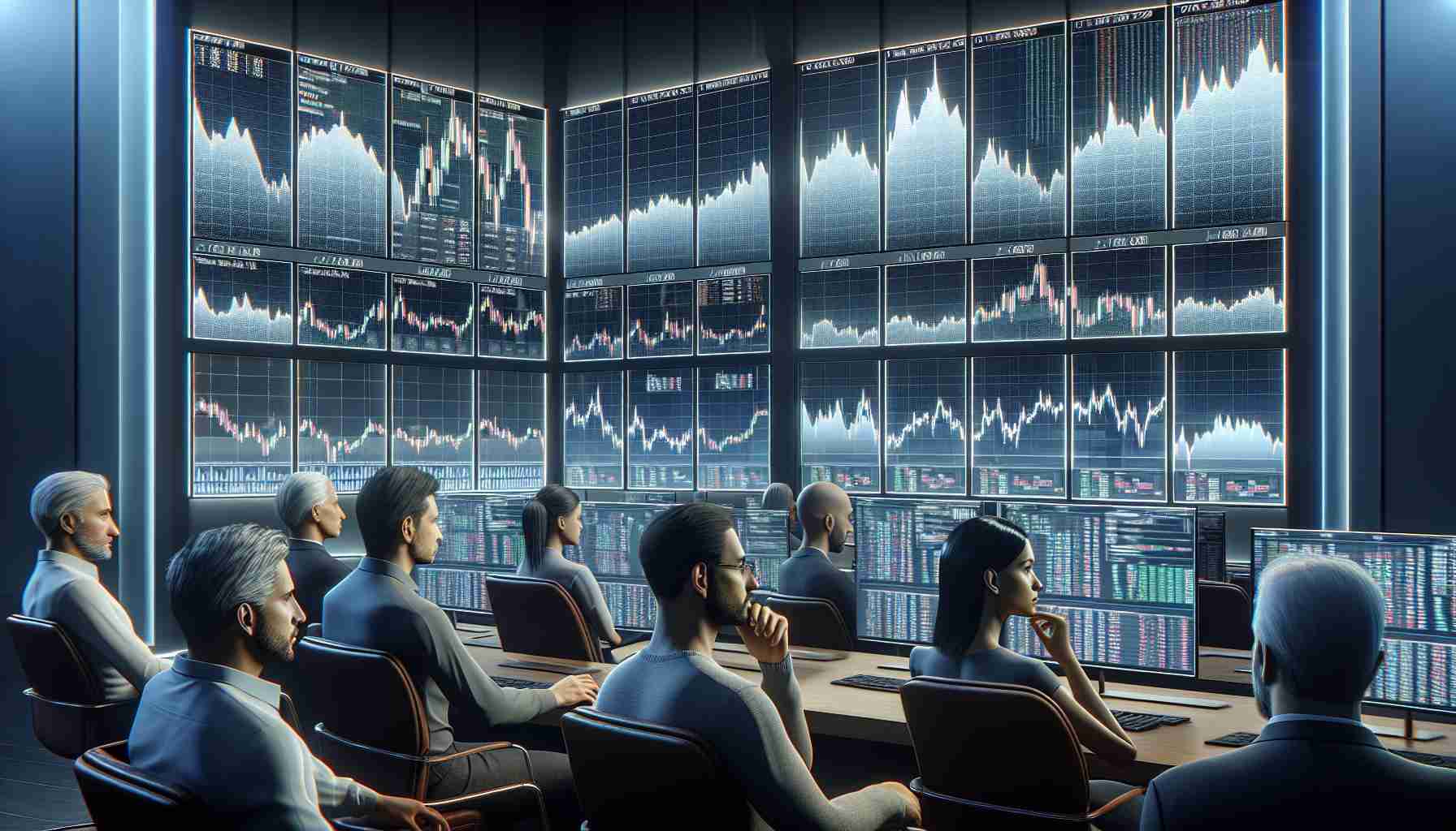 A high-definition, realistic representation of a cryptocurrency market where muted trading activity takes place. Screens on the walls show real-time data and charts with mixed trends indicating ambivalent demand for ETFs. Traders, consisting of a diverse array of individuals such as a Caucasian woman, a Hispanic man, a Black woman, and a Middle-Eastern man, attentively look at the screens, interpreting the data and making strategic decisions.