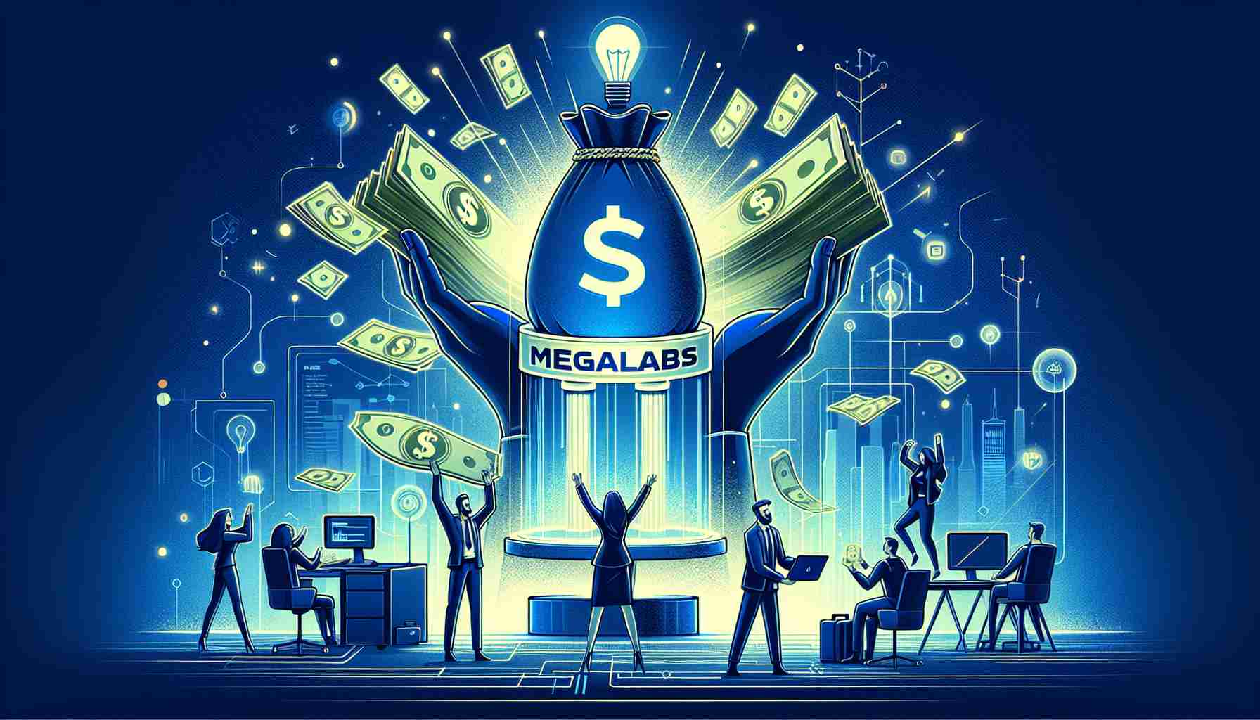 An illustrative picture demonstrating the concept of a technology company, named MegaLabs, securing a funding amount of $20 Million for the development of a project named MegaETH. The image should convey a sense of celebration and success, with a powerful, modern aesthetic.