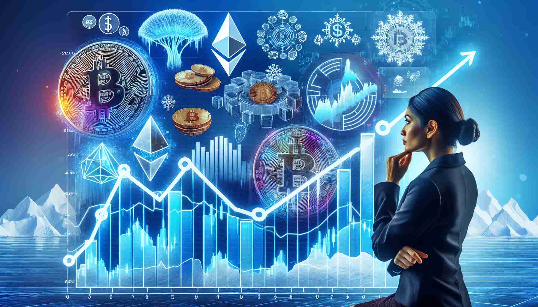 Generate a high-definition image representing the concept of 'Analyzing Crypto Winter', inclusive of various elements pertaining to market dynamics. It can include visualizations such as downtrending charts, dollar signs, cryptocurrency icons like Bitcoin and Ethereum, as well as iceberg or winter themed elements. Incorporate visuals of a person thoughtfully looking at the charts, reflecting on trends, with diversity in mind, viz. a South Asian female financial analyst analyzing the data.