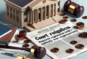 High-definition realistic image of a courthouse with a bold headline on a newspaper in the foreground that reads 'Court Ruling Restricts Financial Regulatory Body's Authority Over Cryptocurrency'. Surrounding the newspaper are scattered documents, representing legal papers, along with a gavel and block to symbolize judiciary authority.