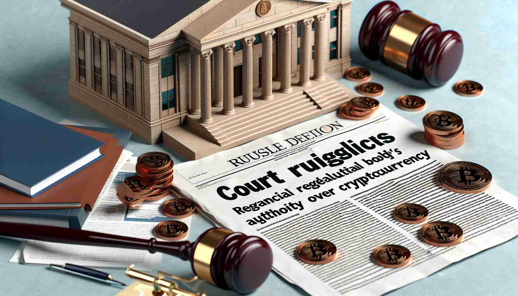 High-definition realistic image of a courthouse with a bold headline on a newspaper in the foreground that reads 'Court Ruling Restricts Financial Regulatory Body's Authority Over Cryptocurrency'. Surrounding the newspaper are scattered documents, representing legal papers, along with a gavel and block to symbolize judiciary authority.