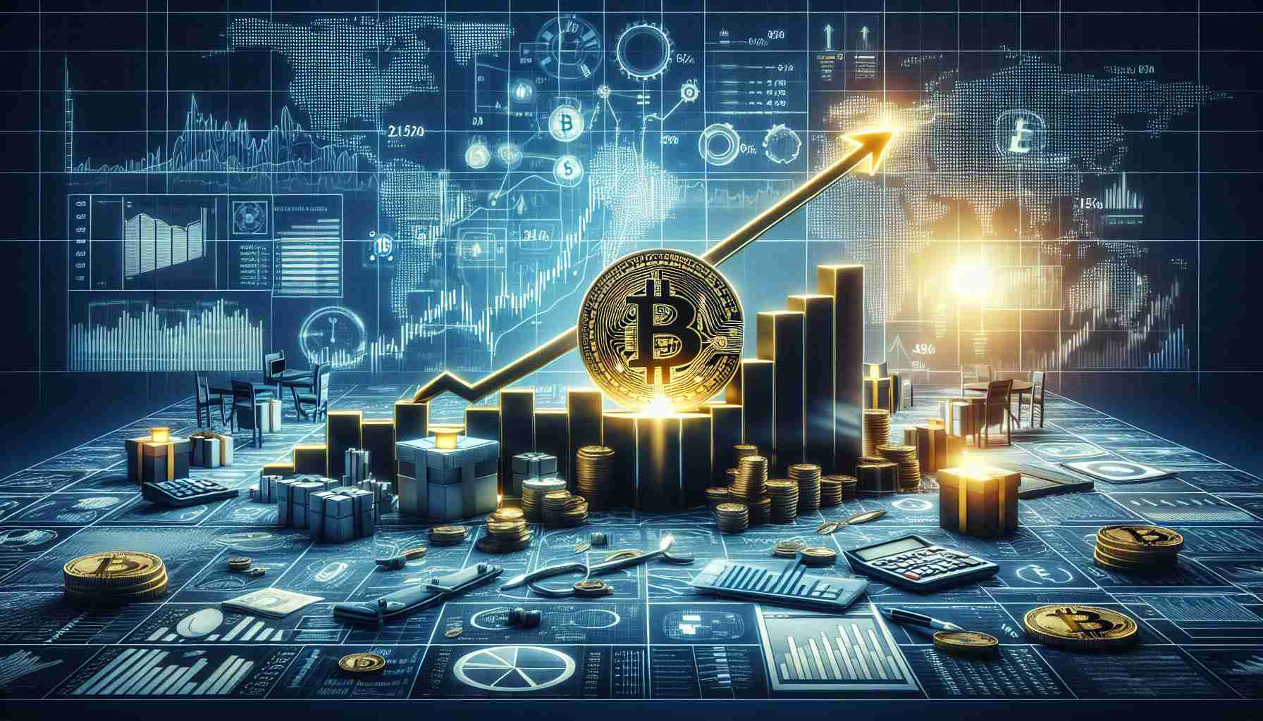 Generate a realistic high-definition image that visualizes the concept of anticipation for a breakout in Bitcoin value. The scene could include a rising graph line representing Bitcoin's increasing value, surrounded by financial charts, figures and symbols. Additionally, the layout should suggest a potential surge in prediction.