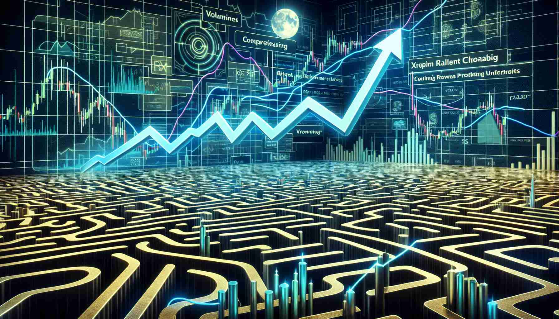 Create a realistic high-definition image that communicates the concept of the prospects of XRP's rally amidst market uncertainties. Visualize a series of upward-curving lines on a graph, symbolizing XRP's potential rally. The background should depict a compromising and confusing labyrinth to represent market uncertainties. Include various chart indicators and lines of trend in the graph such as candlesticks, volume indicators, moving averages, and Fibonacci retracements to give it a comprehensive look.