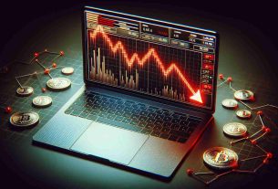 Generate a high-definition, realistic image representing the concept of a cryptocurrency market facing downtrend challenges. Show a close-up of a laptop screen displaying a graph and several other analytics. The graph should depict a downward trend, symbolizing the market downturn. Pictorial elements such as a chart going downward and red color dominating the statistics on the laptop screen would symbolize this downturn. Include scattered coins around the laptop that resemble popular cryptocurrency symbols with a saddened or grim outlook to depict the challenges.