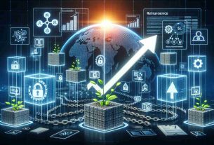 High-definition, realistic picture illustrating the concept of growth opportunities in the arena of blockchain technology within the reinsurance industry. The image should ideally depict various elements related to blockchain, such as a chain of blocks, digital screens displaying lines of code, and maybe even symbolic representation of growth like growing plants or a upward-pointing arrow. Additionally, aspects of reinsurance can be represented through symbols like graphical representations of risk diversification and documentation of policies.