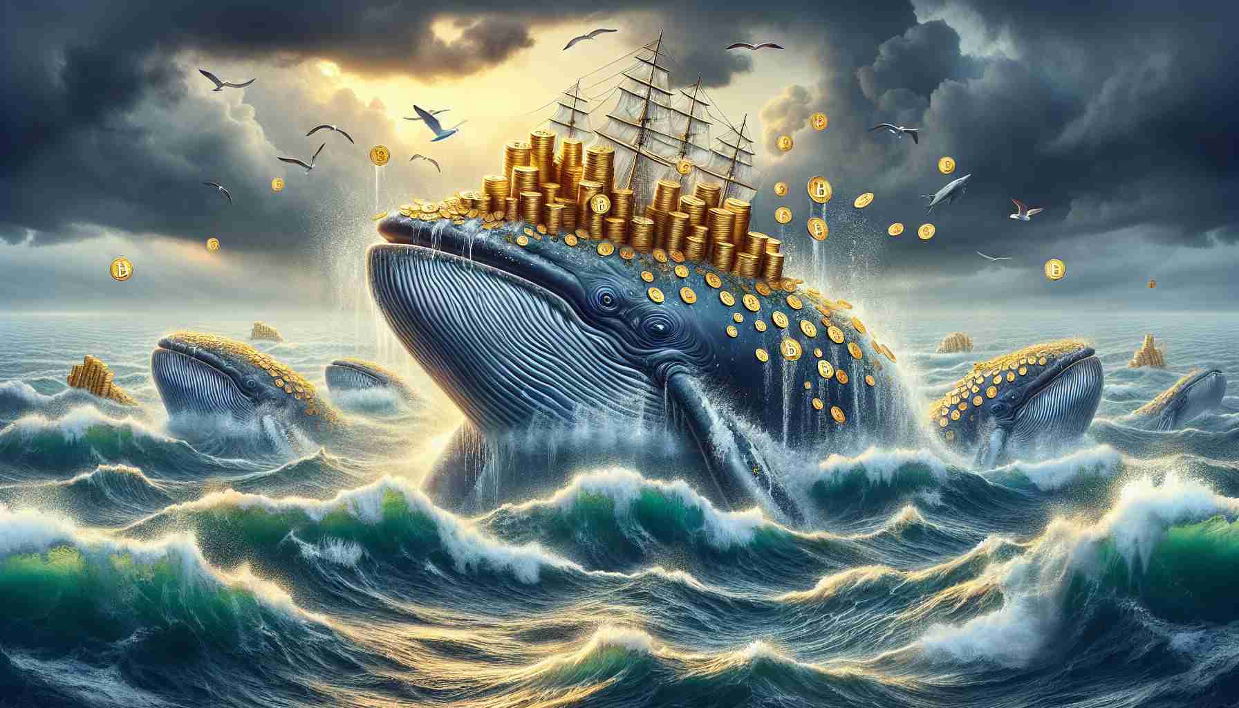 Create a realistic, high-definition image that metaphorically illustrates the concept of Bitcoin whales harvesting $1.2 Billion in profits amidst challenging crypto market conditions. Picture large, majestic whales, symbolizing the Bitcoin holders, surfacing from a tumultuous ocean, which represents the volatile cryptocurrency market. Aboard the whales are stacks of gold coins representing the massive profits reaped. The seas can be painted rough and stormy, with high waves and dark clouds to signify the difficult crypto climate. Please ensure the scene comes across as a well-crafted visual metaphor for the crypto market situation.