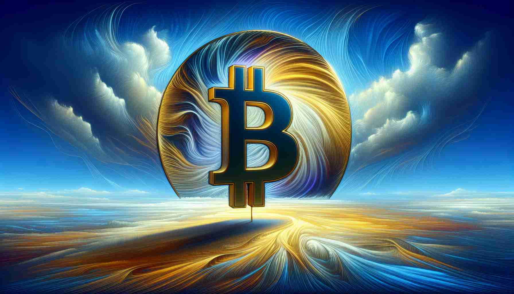 A high-definition illustration showcasing a metaphorical representation of Bitcoin's stability. The image should depict a large, golden Bitcoin symbol standing firmly on solid ground, against a background of a serene, cloudless blue sky. This illustrates stability. Towards the edges of the image, dynamically swirling lines and patterns, colored in deep blues and purples, begin to seep in, suggesting an imminent surge of volatility. Finally, include a text at the bottom of the illustration that reads: 'Analysts Predict Upcoming Volatility Surge in Bitcoin's Stability'.