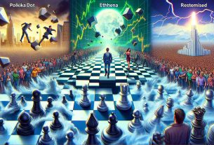 Create a high definition, realistic image representing the market dynamics of three different cryptocurrencies: one showing Polkadot's struggle with turbulence and instability, another displaying Ethena's strategic shift as a clever chess move, and finally the hype and anticipation surrounding Raboo's presale depicted as a crowd eagerly waiting in line.