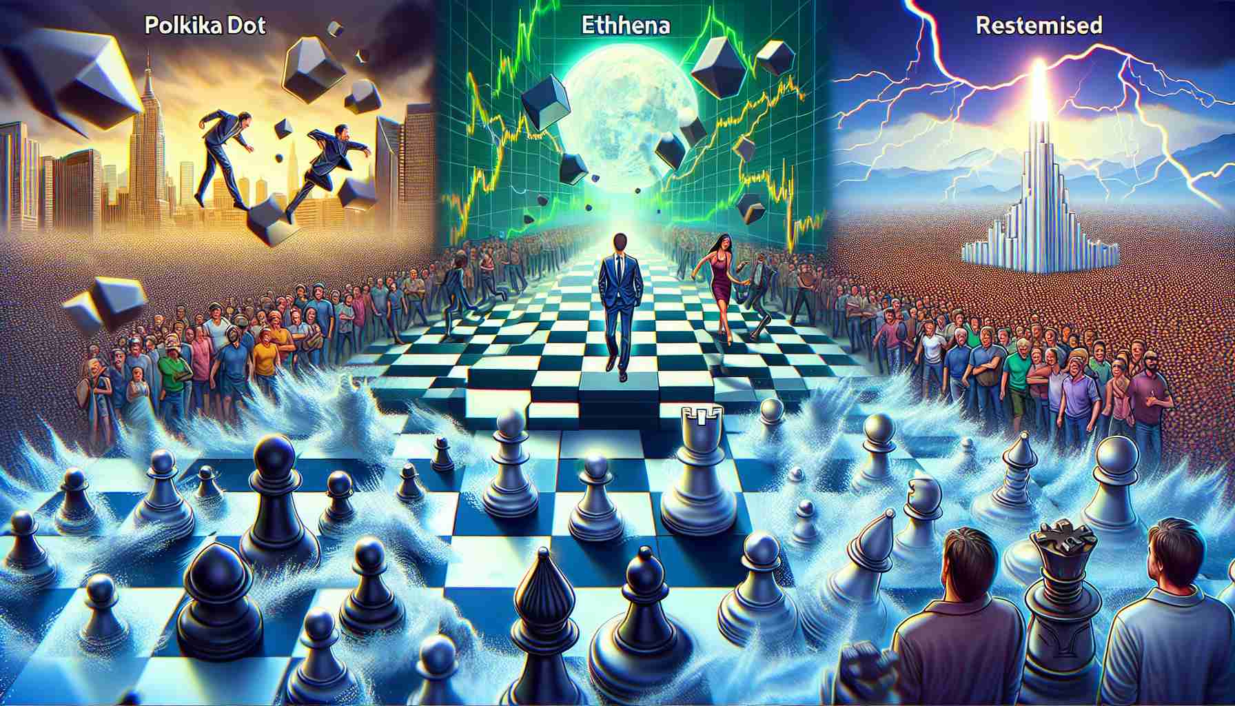 Create a high definition, realistic image representing the market dynamics of three different cryptocurrencies: one showing Polkadot's struggle with turbulence and instability, another displaying Ethena's strategic shift as a clever chess move, and finally the hype and anticipation surrounding Raboo's presale depicted as a crowd eagerly waiting in line.