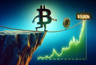 A realistic, high-definition image that represents Bitcoin in a precarious position, symbolizing a potential pullback to $50K. The image should evoke feelings of alarm and concern. It could potentially feature a symbolic representation of the Bitcoin logo on a tightrope or teetering on the edge of a cliff, with indicators or graphics of $50k nearby.