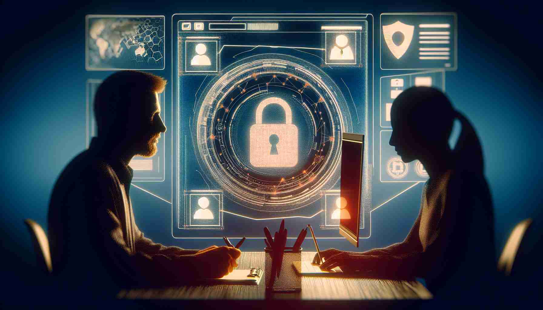 Generate a high-definition realistic image depicting the concept of new partnership in the context of digital identification security using blockchain technology. The scene entails a secure digital device, perhaps a computer, showcasing a blockchain interface representative of digital identity. Corresponding to the partnership idea, depict two silhouetted figures, one Caucasian male and one Asian female, engrossed in discussion with the digital interface in the backdrop.