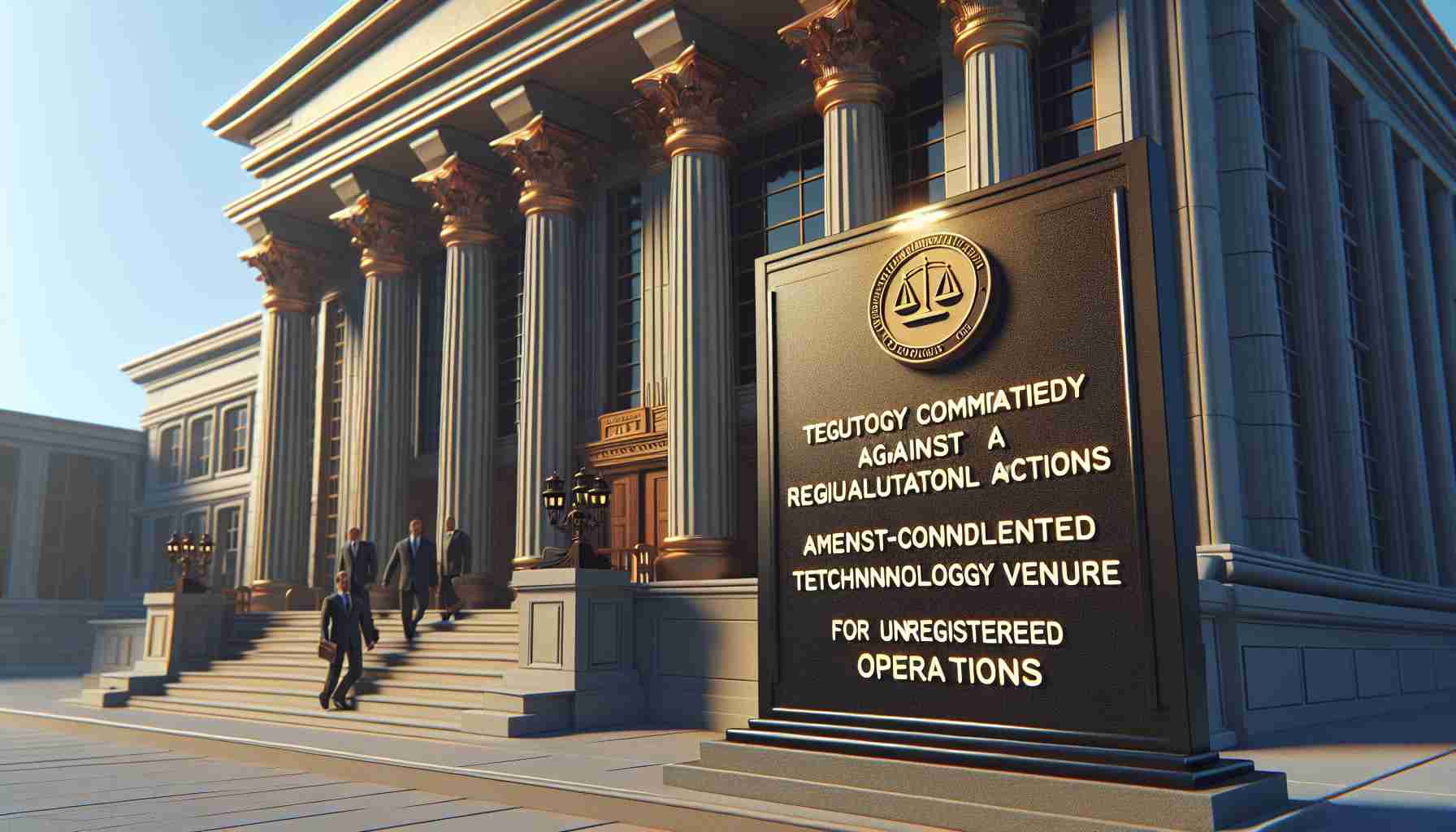 A high-definition, realistic scene depicting a courthouse with a prominent sign mentioning a regulatory body commencing legal actions against a non-compliant technology venture for unregistered operations. The scene should portray a sense of urgency and major consequence.