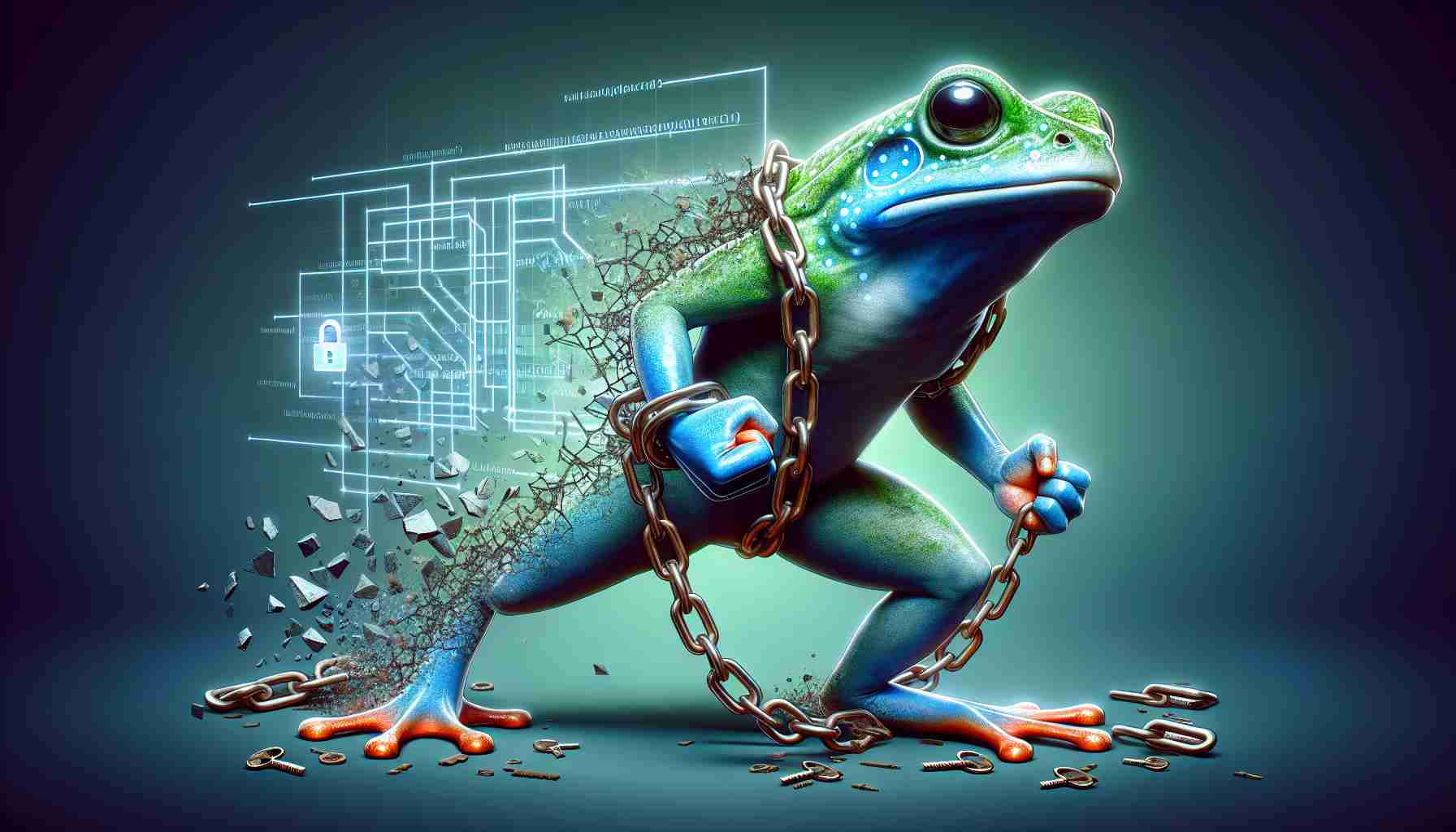 A realistic, high-definition illustration of a metaphorical frog character unchained, associated with innovation in technology space, particularly involving Layer-2 Blockchain. The frog is depicted with chains shattered around, symbolising its liberation, while complex cryptographic keys and codes appear around it, highlighting the groundbreaking aspects of a Layer-2 Blockchain system.