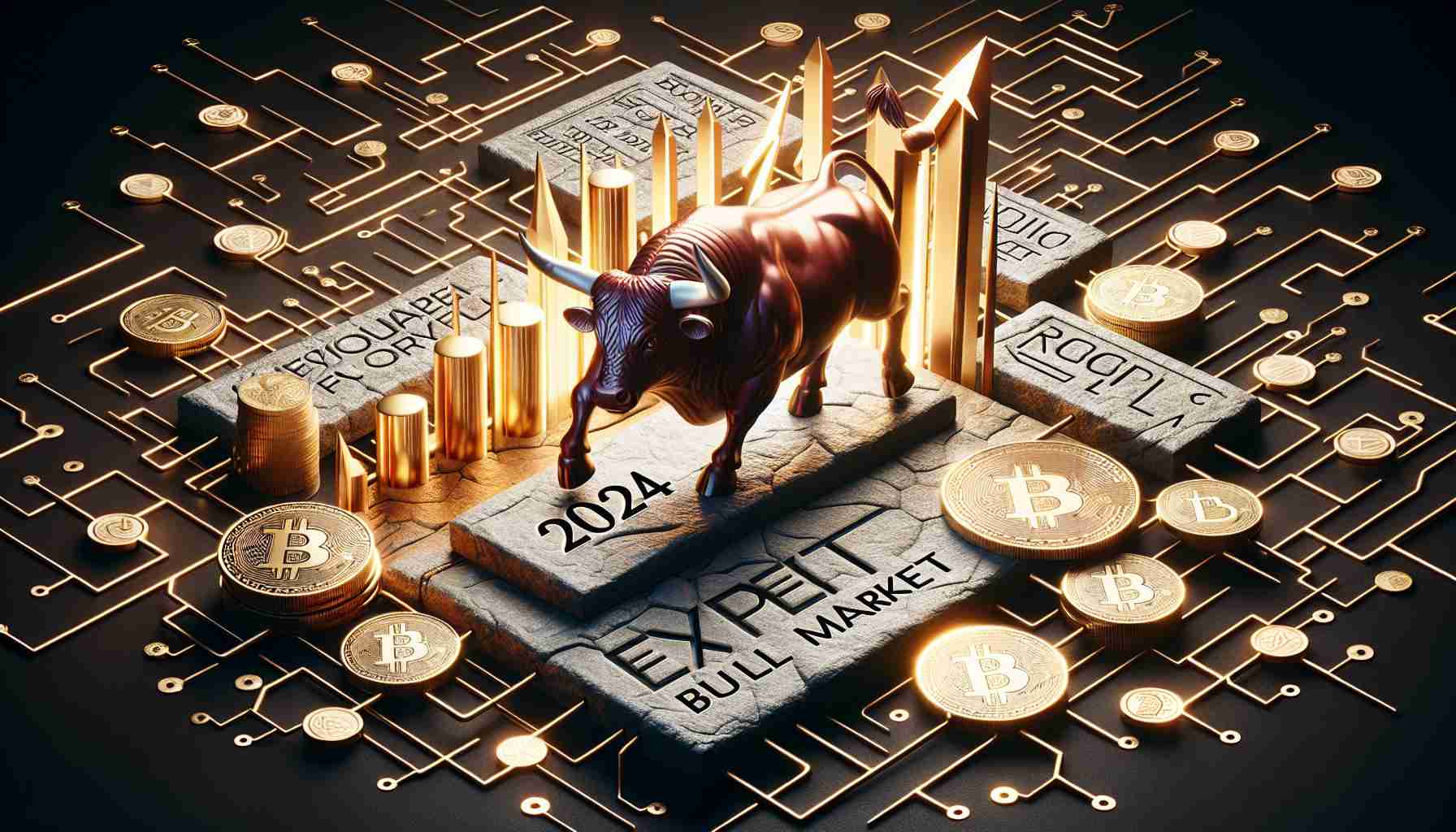 Create a realistic, high-definition image that visualizes 'Expert Tips for Navigating the 2024 Cryptocurrency Bull Market'. Include symbolic elements such as a bull charging forward (representing the bull market), digital coins with 2024 marked on them, a complex maze to signify navigating through the market, and a set of expert tips styled like commandments engraved on a stone tablet. The overall atmosphere should imply optimism, risk, and strategizing.