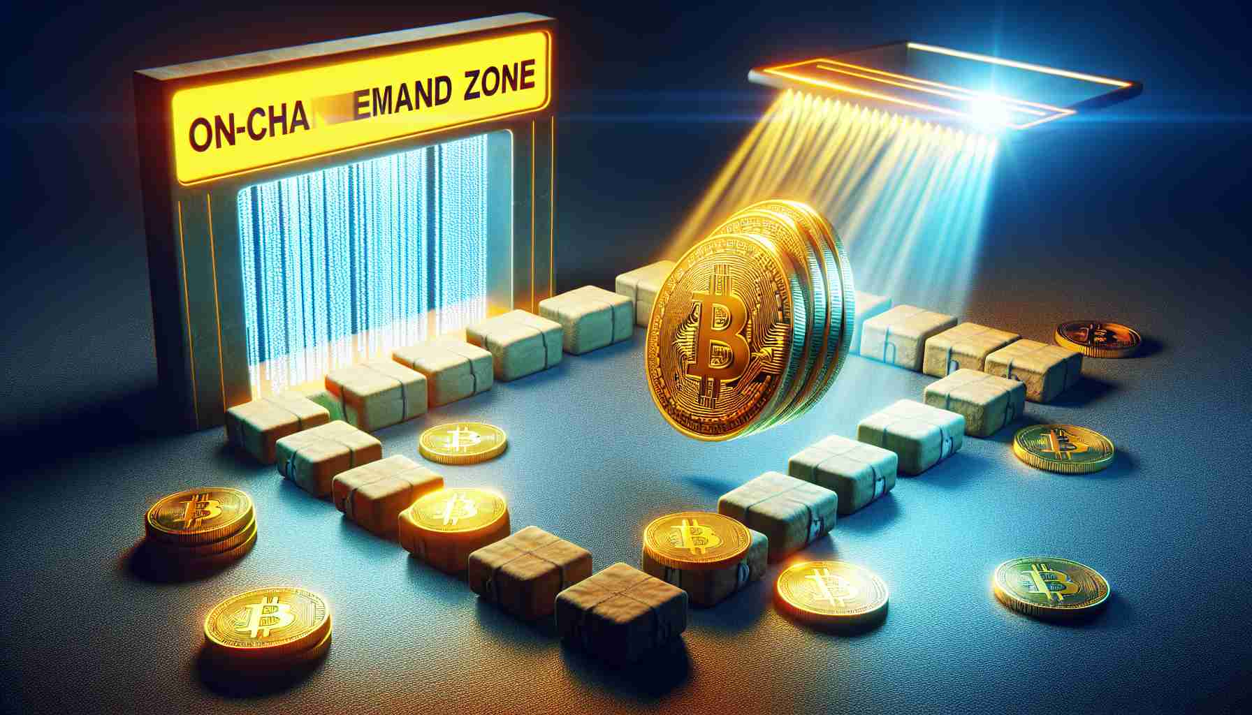 An HD image representing Bitcoin settling in a key on-chain demand zone. The scene should be symbolic and include visual representations of bitcoin and a designated 'zone' depicted as a comfortable, secure area. The 'zone' should be made evident by glowing or radiating visual aspects. Bitcoin should be shown as physical gold coins with the Bitcoin emblem on them. The coins are gravitating towards this 'zone', indicating an attraction or pull. The overall imagery should evoke a sense of security and demand, and should realistically depict the digital cryptocurrency concept.