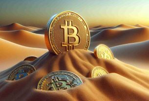 Realistic, high-definition image representing the concept of shifting sands in the cryptocurrency market. This could be portrayed through a symbolic landscape where a large, towering golden coin labeled 'Bitcoin' rises from a desert, while smaller coins featuring labels of various alternative cryptocurrencies sink or partially submerge into the sandy ground beneath it.