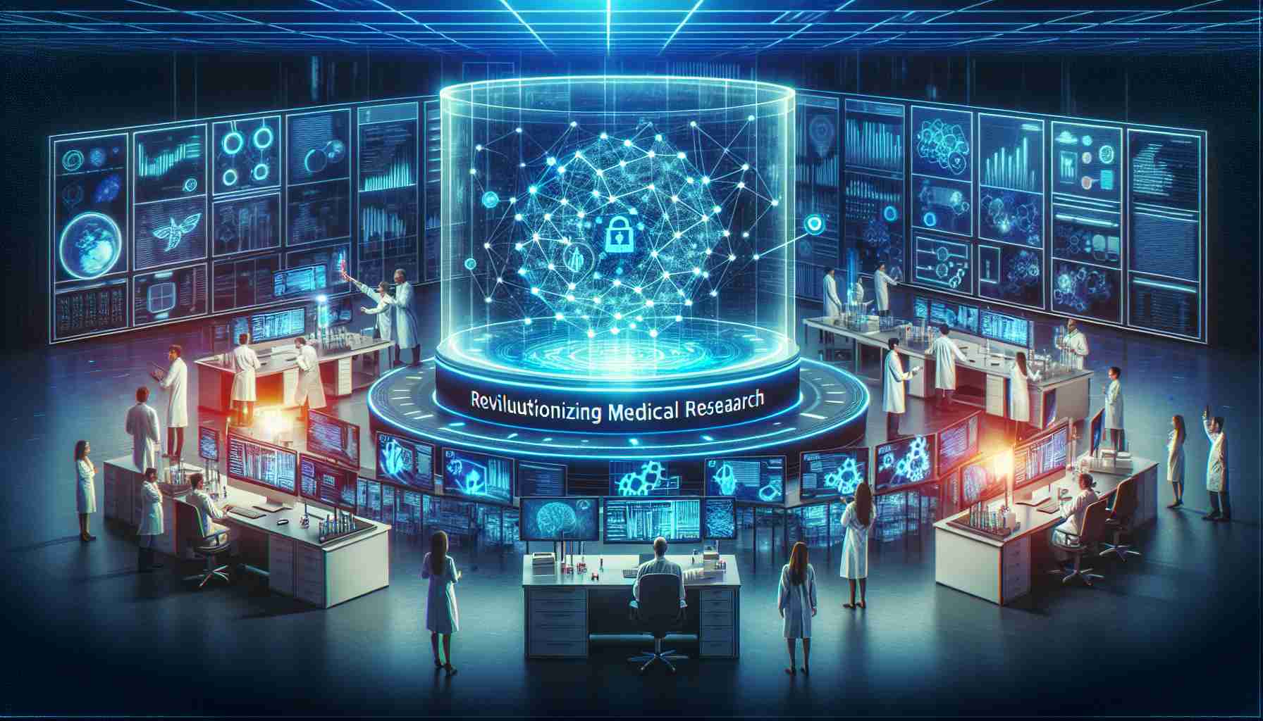 Create a high-definition, realistic image that represents the concept of revolutionizing medical research. Depict a futuristic, cutting-edge laboratory with diversified scientists conducting various experiments. In the center, show a 3D holographic chart representing a successful blockchain system by the fictitious company 'LabTrace'. The hologram should emit a blue glow and display complex data nodes interconnecting to signify the blockchain network. Make sure to capture the essence of technological innovation and progress in medical research, exemplified by the use of computing technology like blockchain.