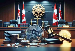 A realistic, high definition digital rendering depicting a concept where a renowned cryptocurrency exchange platform challenges an anti-money laundering fine in a Canadian court. The scene could involve symbolic elements such as a gavel, a stylised digital coin associated with the platform, legal documents, and a court backdrop with Canadian iconography, all set in a decidedly modern aesthetic environment.