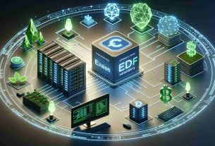 Create a detailed and realistic HD representation that showcases an EDF subsidiary named Exaion, which has become a validator on a blockchain network called Cronos. To display the company's focus on energy-efficient digital solutions, include visual elements such as computer servers, green energy symbols, and blockchain graphics.