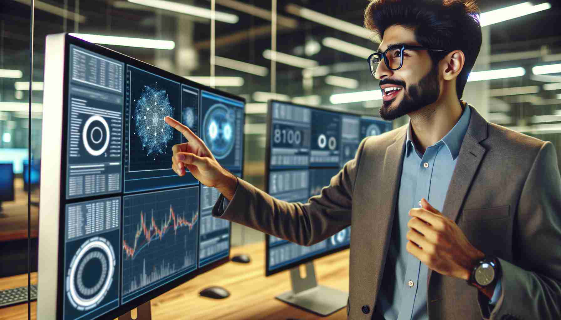 Realistic HD photo of a blockchain visionary, who is a South Asian male, discussing the future of decentralized software. The man is in a modern office setting, surrounded by computer screens displaying various data charts. He is pointing at one of the screens, enthusiastically explaining a concept. His attire is casual smart, with a neat beard and glasses.