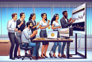 Create a realistic high-definition illustration of a group of diverse cryptocurrency enthusiasts. Use a mix of genders and descents, for example, a Caucasian man, a Middle Eastern woman, a South Asian woman, and a Black man, in an office setting. They are eagerly gathered around a computer screen showing graphs and charts, symbolizing the up and down trends of a generic cryptocurrency market. The scene should show a mixture of excitement and anticipation.