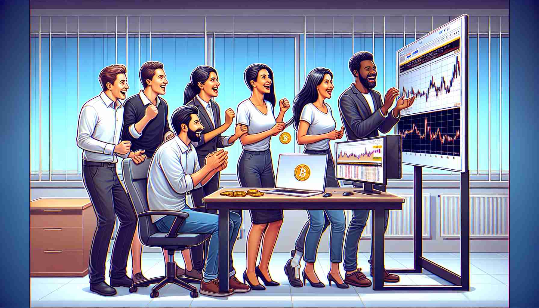 Create a realistic high-definition illustration of a group of diverse cryptocurrency enthusiasts. Use a mix of genders and descents, for example, a Caucasian man, a Middle Eastern woman, a South Asian woman, and a Black man, in an office setting. They are eagerly gathered around a computer screen showing graphs and charts, symbolizing the up and down trends of a generic cryptocurrency market. The scene should show a mixture of excitement and anticipation.