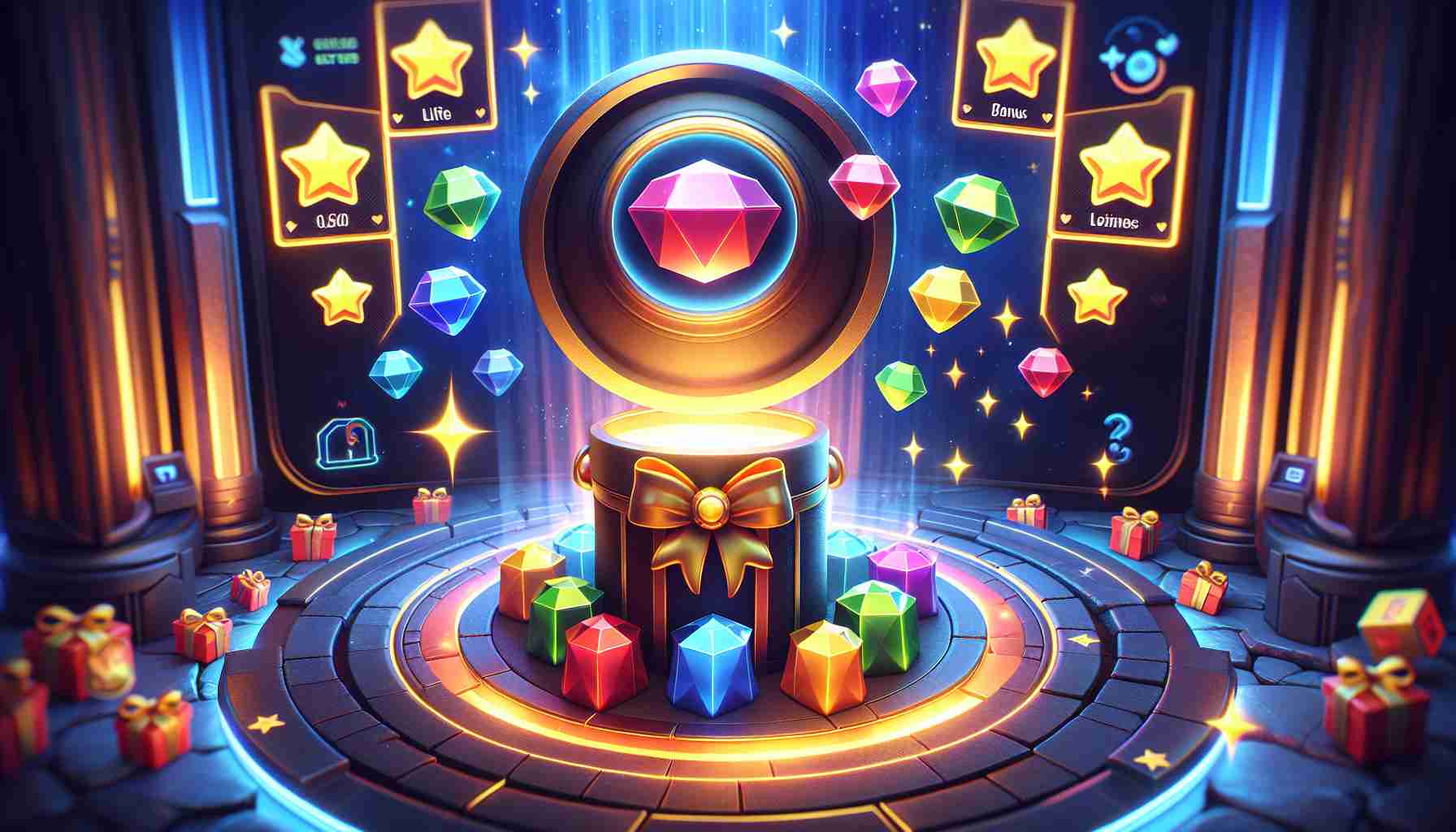 High-definition image depicting the rewards of a fictitious game called 'GemZ'. The scene includes multiple colourful bonus icons awaiting to be unlocked, to entice an element of surprise.