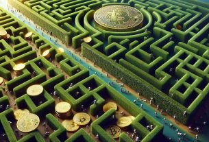 A High-Definition, realistic image depicting the juxtaposition of two concepts: 'Hedge Funds' and 'Bitcoin Short Positions'. On one side, there is an aerial view of a dense, lush hedge maze, symbolizing the complexity and intricacies of hedge funds. It's intricate paths and confusing routes demonstrate the organization and control associated with these financial entities. On the other side, a pile of golden bitcoins shrinking in size, symbolizing the 'short positions'. There should be tiny individuals, ant-size, hurrying back and forth from the hedge maze to the shrinking pile of bitcoins. In the background, subtly represented, is the steady influx of funds symbolized by small envelops moving towards the maze.