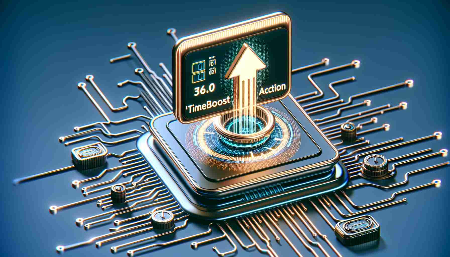 A digital, high-definition illustration representing the concept of the 'TimeBoost Auction' being introduced by 'Arbitrum'. Incorporate imagery suggesting network efficiency enhancement, like faster loading symbols or sleek, streamlined data paths. Note that this should come across as highly-detailed and realistic, akin to a photo.