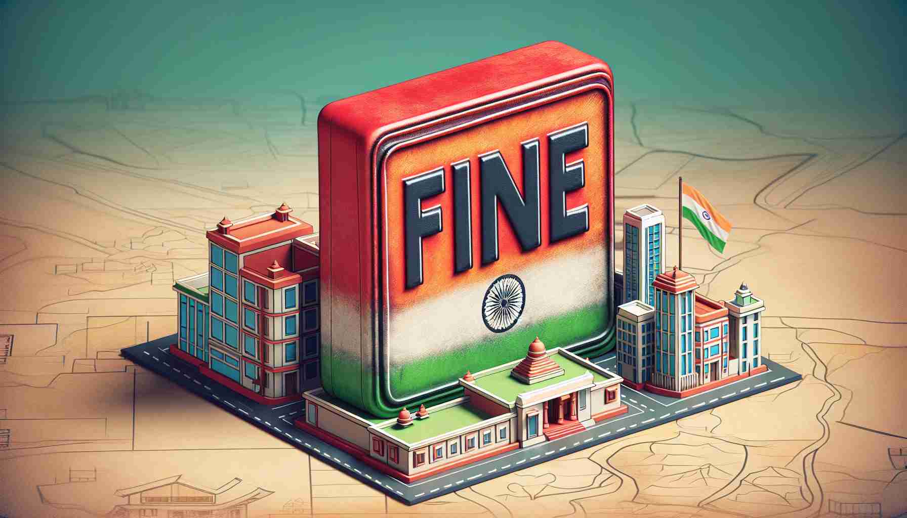 A detailed portrayal of a large, red block-stamped 'FINE' slapped onto a stylized representation of a business, signifying a significant penalty for AML Violations. The setting for this event is in India, with elements such as the Indian flag, traditional architecture or landscapes subtly incorporated into the background.