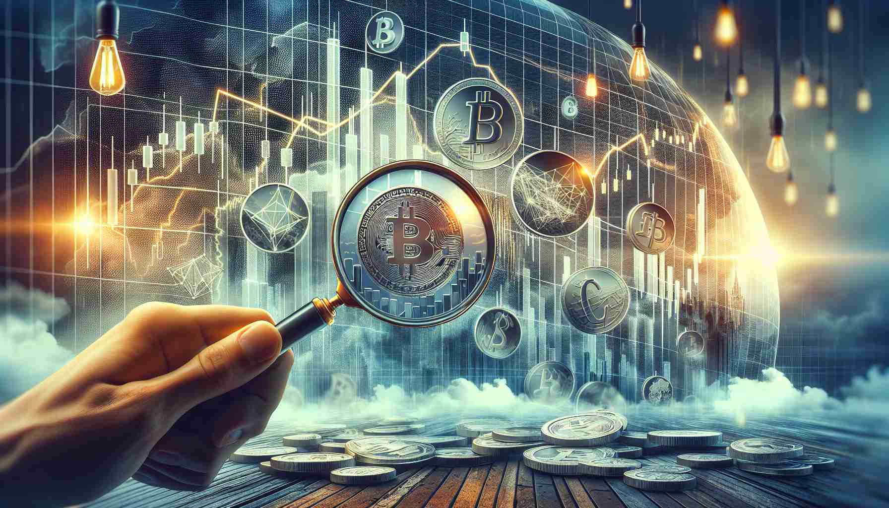 A high-definition, realistic image that visually represents the concept of 'Examining the Crypto Climate: Factors Influencing Recent Market Pullbacks'. The image could include various symbols of cryptocurrency, like coins and graphs descending to represent market pullbacks. In the foreground, a magnifying glass scrutinizes these symbols, indicating an examination of the factors influencing this downturn. There could also be a broad background of a climate scene, perhaps a stormy weather to symbolise volatility, tying the concept to 'crypto climate'. Remember the focus is on the intricacies of the crypto market.