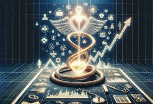 Generate a highly detailed, realistic image depicting the exponential growth anticipated in the blockchain technology applied to the healthcare sector. Include symbols of health and wellness, such as a hospital or medical symbols, intertwined with imagery representing blockchain, such as a chain or blocks, all progressing upward. Include a chart or graph in the foreground displaying a sharp upward trend to illustrate the predicted growth.