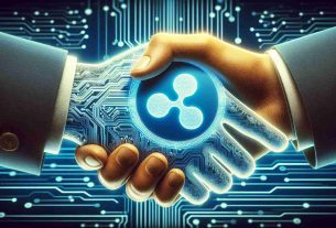 High-definition, realistic image of a metaphorical representation of cryptocurrency company Ripple's strategic partnerships. Illustrate it by showing a stylized, digital handshake implying collaboration. Add the background hinting a futuristic digital landscape to emphasize the advancement of digital currencies. Be sure to avoid any hint of specific government symbols or insignia to respect the policy.