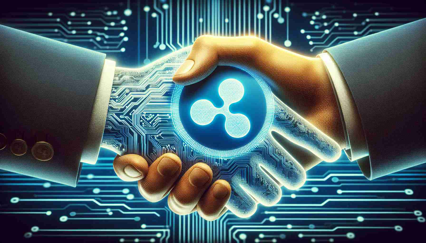 High-definition, realistic image of a metaphorical representation of cryptocurrency company Ripple's strategic partnerships. Illustrate it by showing a stylized, digital handshake implying collaboration. Add the background hinting a futuristic digital landscape to emphasize the advancement of digital currencies. Be sure to avoid any hint of specific government symbols or insignia to respect the policy.