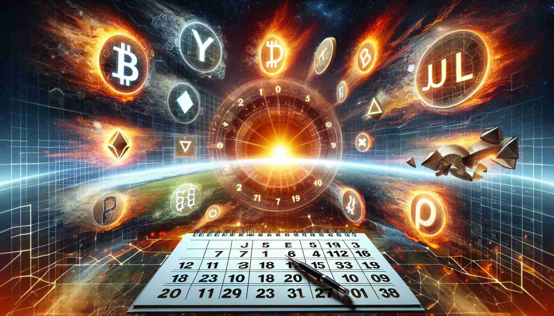 Generate an image of several conceptual symbols representing emerging cryptocurrencies in a realistic and high-definition quality. The symbols are hovering against a backdrop that suggests the imminent arrival of the month of July, such as a calendar page being turned to July, a fiery sun setting low in the sky, or a digital clock moving towards 12:00, representing the start of a new month.