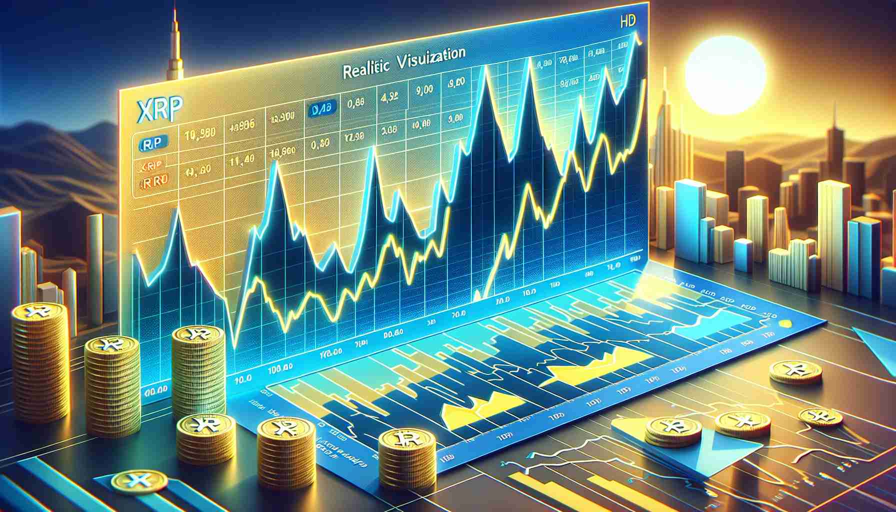 Create an HD realistic visualization chart showing the fluctuations and trends of the cryptocurrency XRP's market value on a weekly basis. The chart should clearly depict ups and downs in the currency value with dates mentioned and have an appealing, professional look.