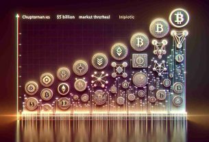 A realistic, high-definition image of an illustrated graph with various altcoins represented. The graph should have a distinct separation line, signalling the $5 billion market threshold. Each altcoin symbol should be placed according to its respective value, some below and some breaking through that threshold. Implement a futuristic digital aesthetic to symbolize the emergent nature of these cryptocurrencies. Please do not use real logos or names of existing cryptocurrencies, instead come up with fictional ones.