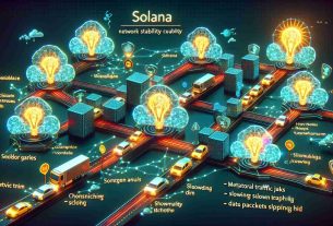 Create a hyper-realistic HD image that reflects the concept of Solana's struggles with network stability and congestion issues. Depict a stylized network of interconnected nodes symbolizing the Solana blockchain, where some nodes are glowing brightly indicating heavy traffic, and some nodes are flickering or dim. Also, incorporate visual metaphors such as metaphorical traffic jams, electronic signals slowing to a crawl, or data packets piling up to symbolize congestion issues.