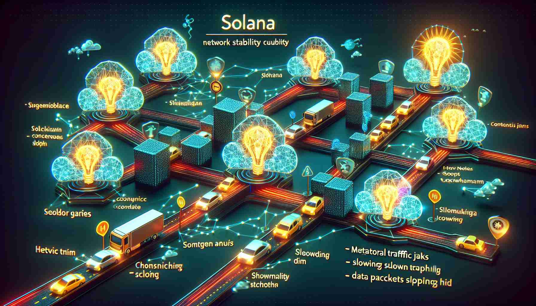 Create a hyper-realistic HD image that reflects the concept of Solana's struggles with network stability and congestion issues. Depict a stylized network of interconnected nodes symbolizing the Solana blockchain, where some nodes are glowing brightly indicating heavy traffic, and some nodes are flickering or dim. Also, incorporate visual metaphors such as metaphorical traffic jams, electronic signals slowing to a crawl, or data packets piling up to symbolize congestion issues.