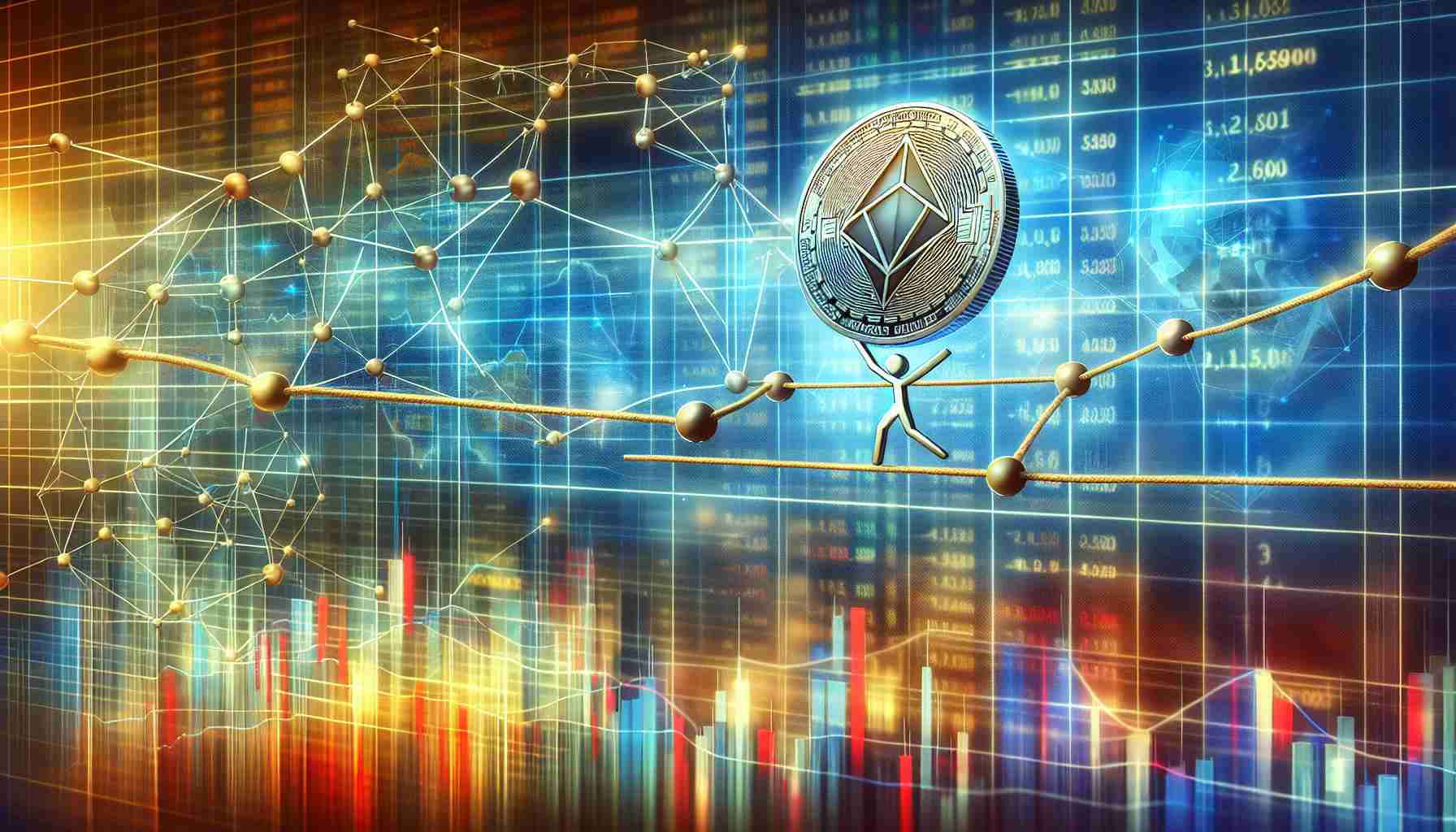 A realistic, high-definition image illustrating Aethir's debut of decentralized cloud network. The scene should reflect a complex structure of interconnected nodes and elements representing the concept of decentralization. Simultaneously, a symbol or icon for the Aethir's native token should be portrayed, wavering precariously on a tightrope, signifying the volatile markets. The background should be a stylized stock market, filled with varying lines and graphs showing different trends, highlighting the speculative and unpredictable nature of cryptocurrency markets.