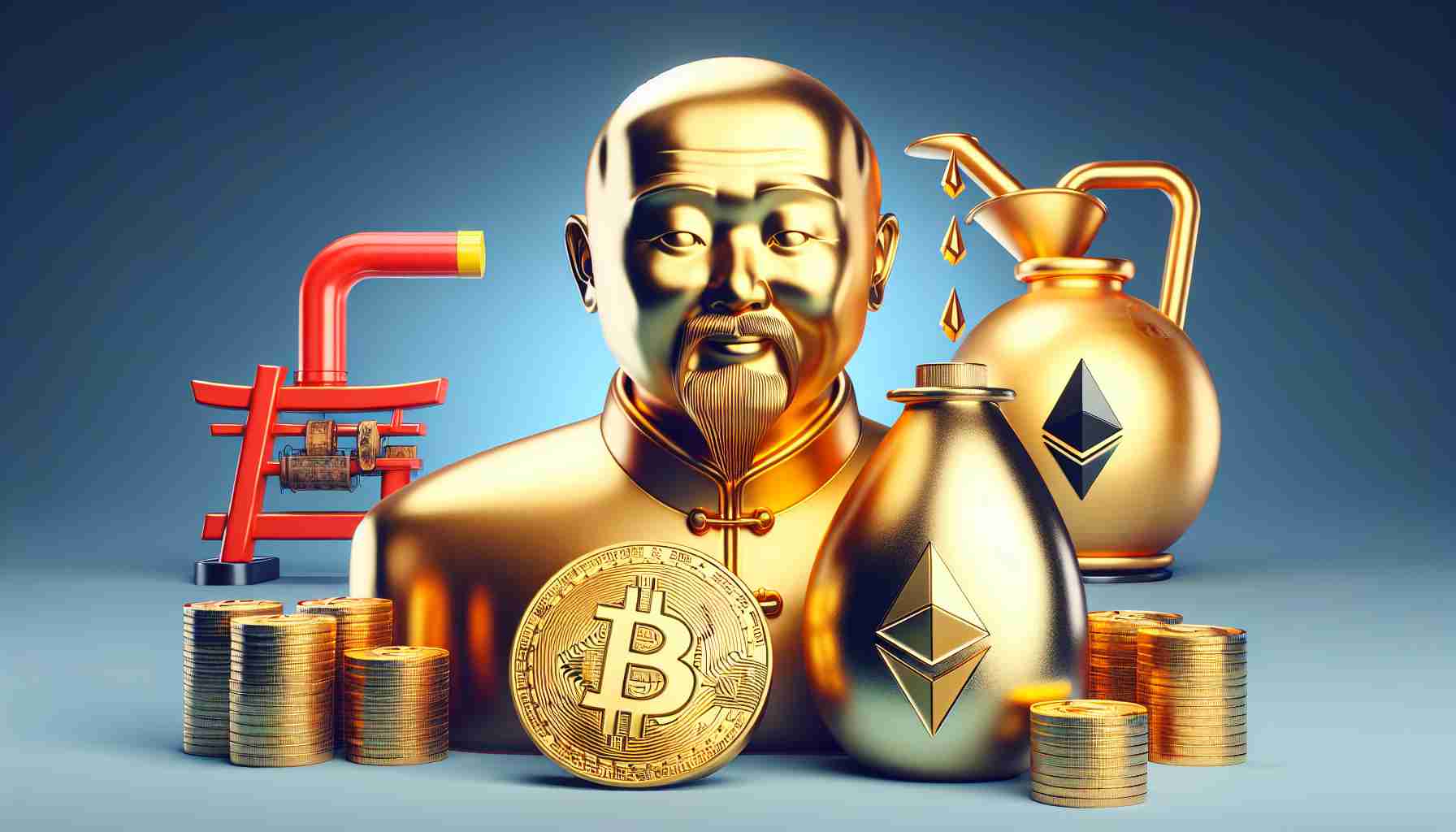 Render a high-definition realistic photo of a giant symbolic figure representing Chinese banking, equating Bitcoin to digital gold and Ethereum to digital oil. The figure should be surrounded by virtual images of Bitcoin and Ethereum, and these images should be metaphorically represented. The bitcoins should look like shiny golden coins while the Ethereum should take a shape of a liquid which symbolizes oil and appears digital.