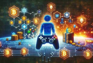 A high-definition illustration displaying the growing influence of blockchain technology in the gaming industry. The image should depict symbols typical to both, such as a pixelated gaming controller and a symbolic representation of a blockchain, like interconnected blocks or chains. Additionally, it could include elements like virtual coin icons to represent cryptocurrency or a digital world to depict the blending of these two sectors.