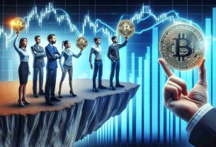 Realistic HD image of individuals holding imaginary tokens representative of digital currency, standing on the edge of a precipice. Their faces show anticipation and concern, as a graphical representation of fluctuating cryptocurrency prices is displayed in the background, with the current state being within the principal zone.