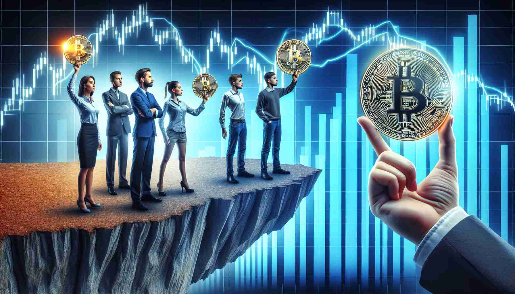 Realistic HD image of individuals holding imaginary tokens representative of digital currency, standing on the edge of a precipice. Their faces show anticipation and concern, as a graphical representation of fluctuating cryptocurrency prices is displayed in the background, with the current state being within the principal zone.